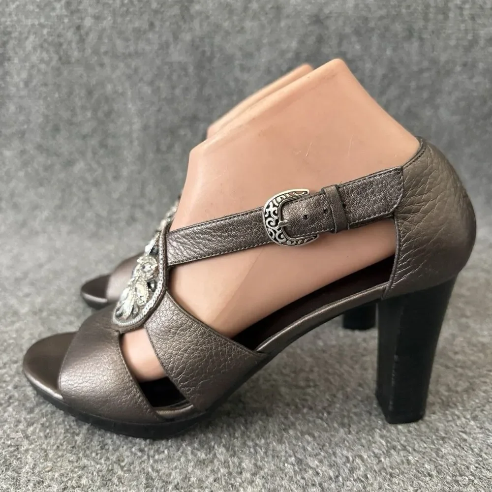 Brighton Viva Pewter Metallic Leather Jewel Strappy Sandals Dress Heels Size 9 M